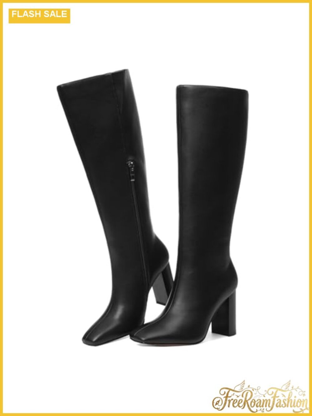 Knee High Boots Women PU Leather Tall Square Toe Chunky Block Heel Wide Calf
